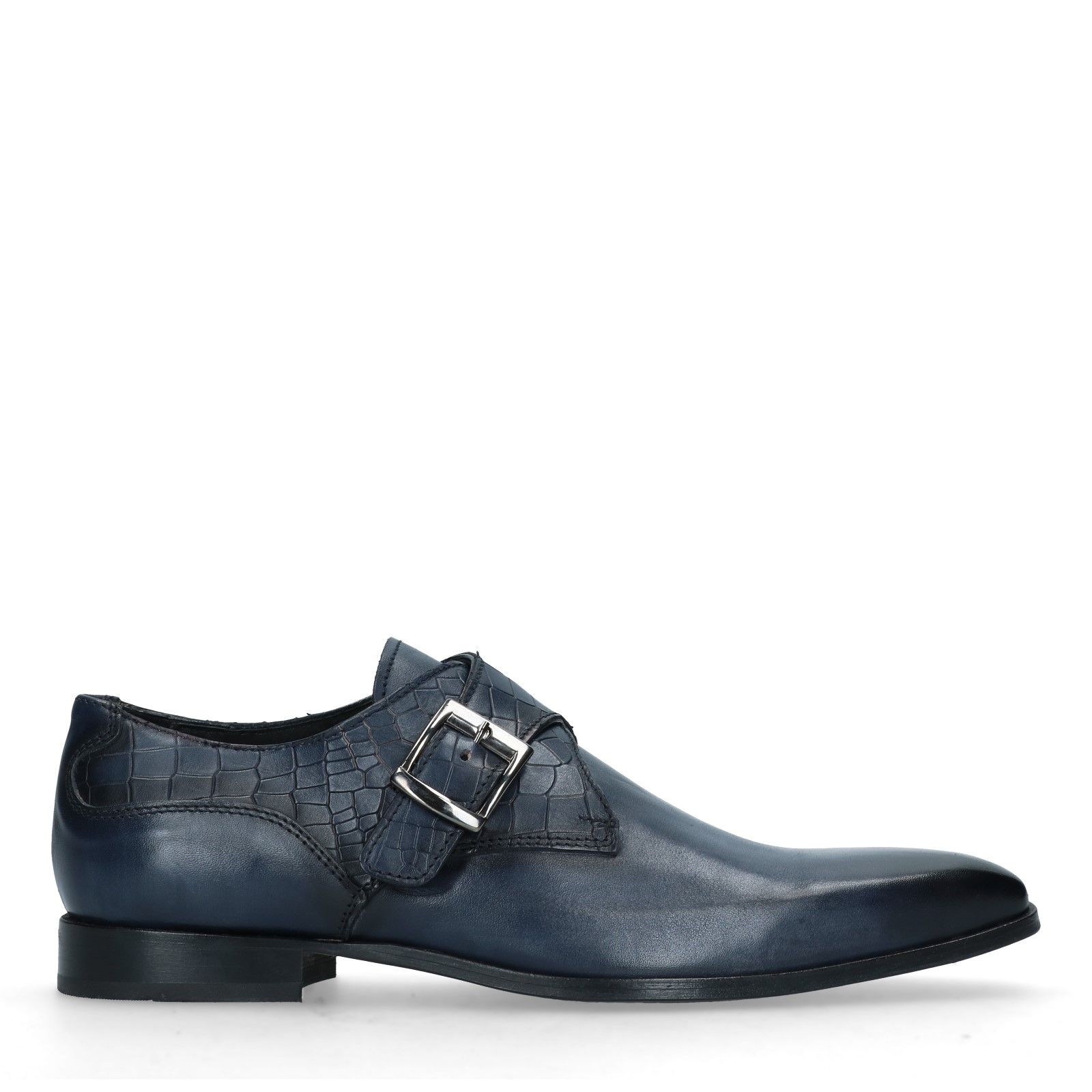 Donkerblauwe gespschoenen van leer