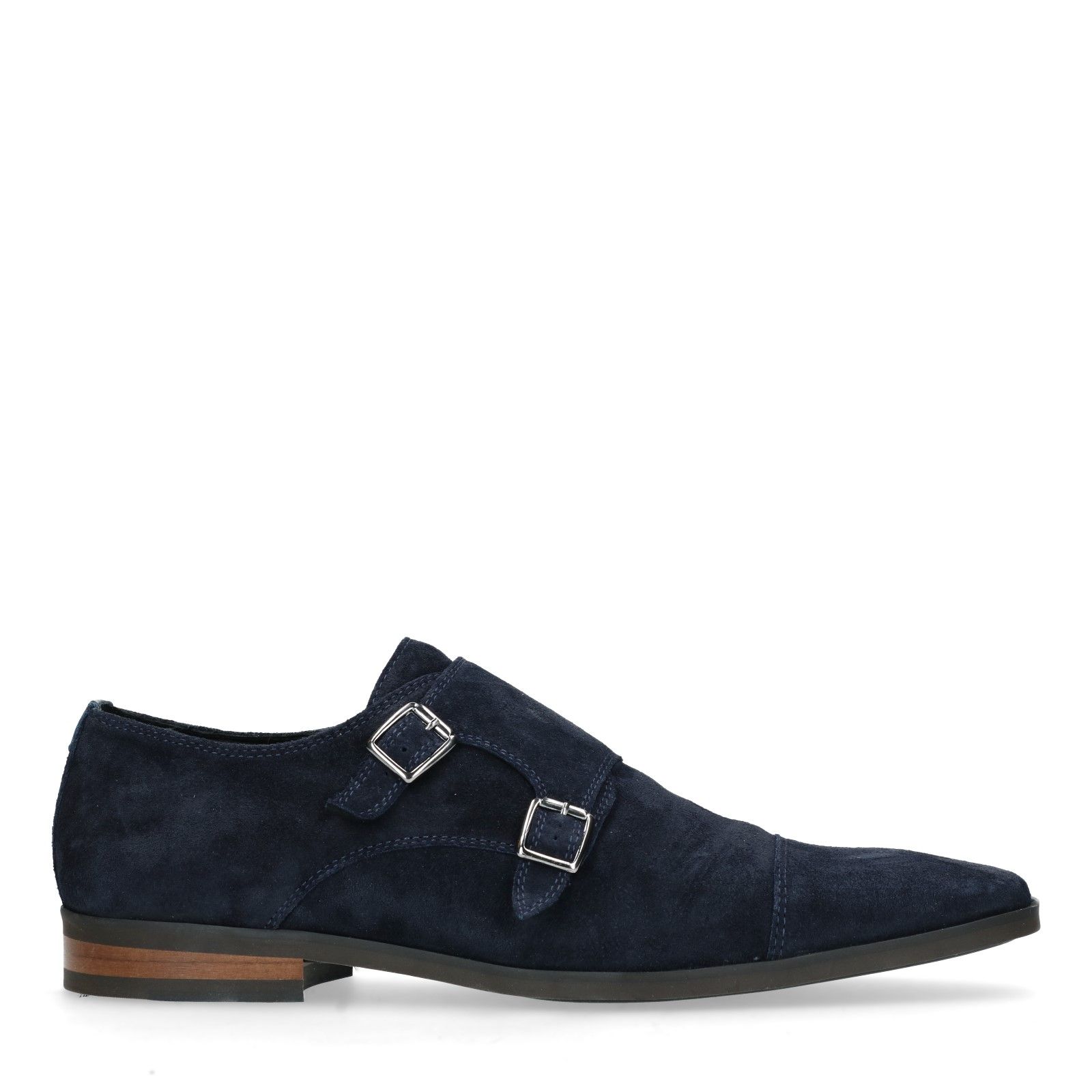 Donkerblauwe gespschoenen van suède