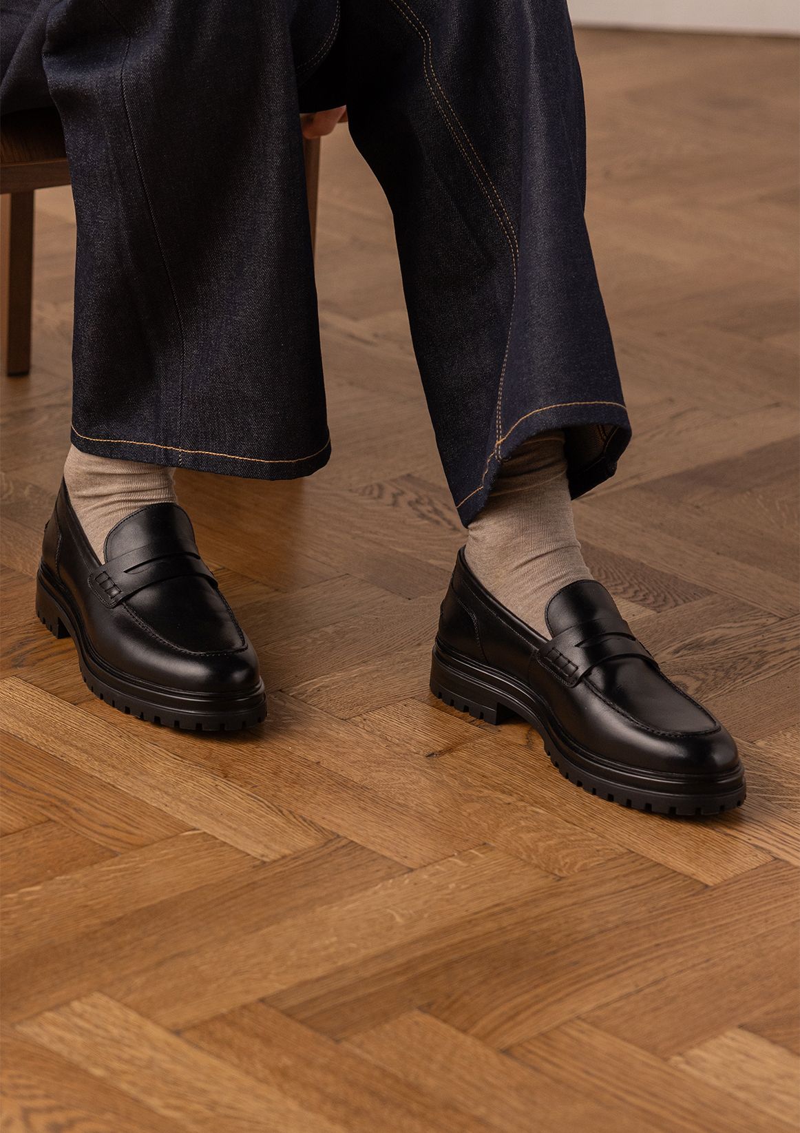 Zwarte chunky leren loafers