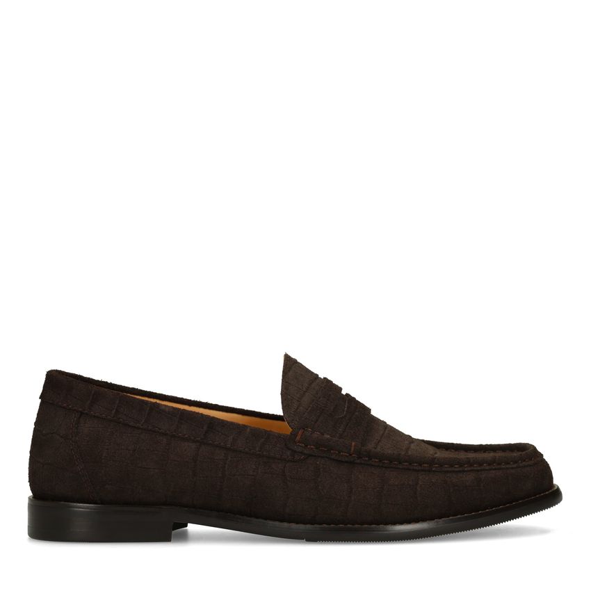 Bruine suède loafers met crocoprint