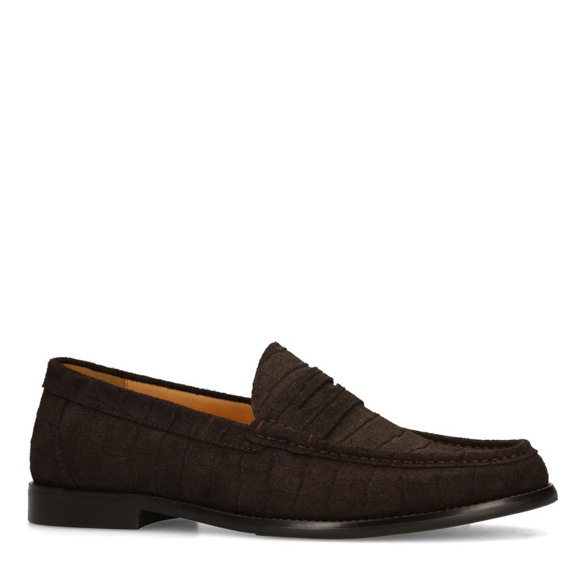 Bruine suède loafers met crocoprint
