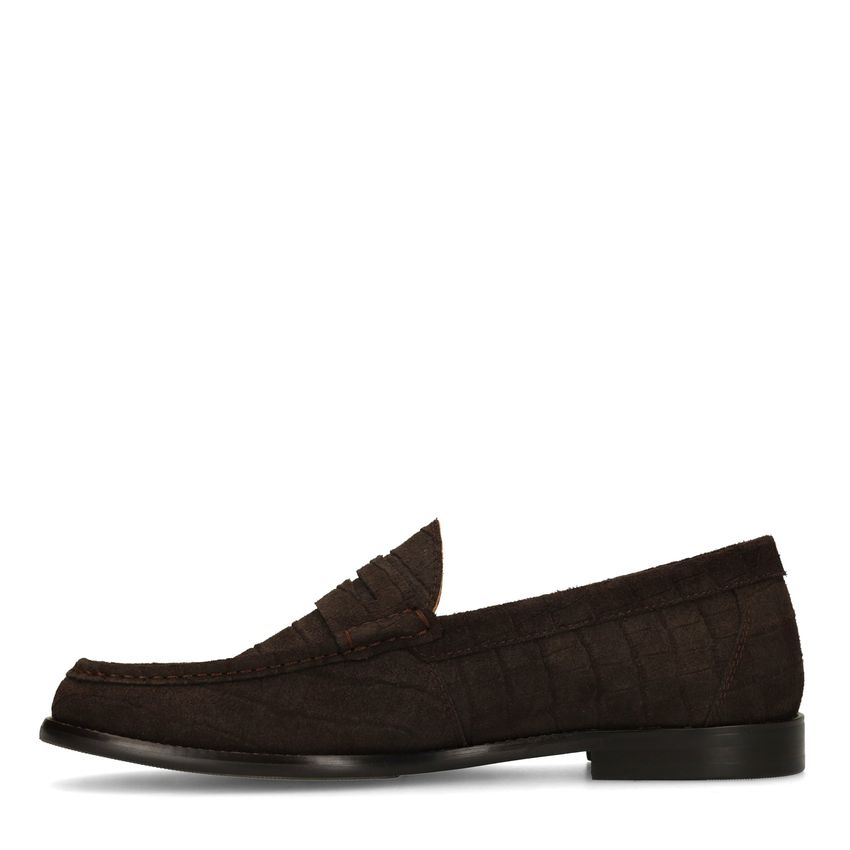 Bruine suède loafers met crocoprint