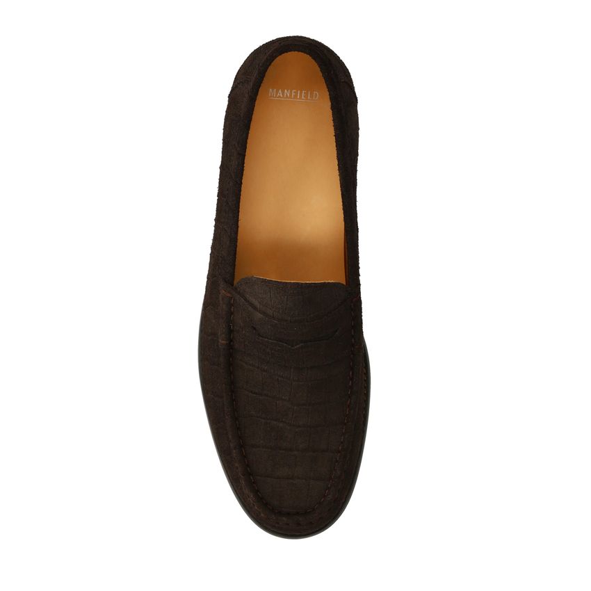 Bruine suède loafers met crocoprint