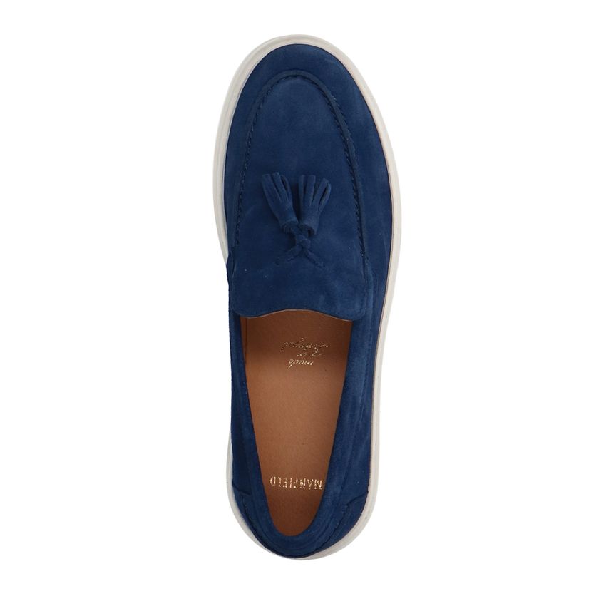 Blaue Veloursleder-Loafer mit Quasten