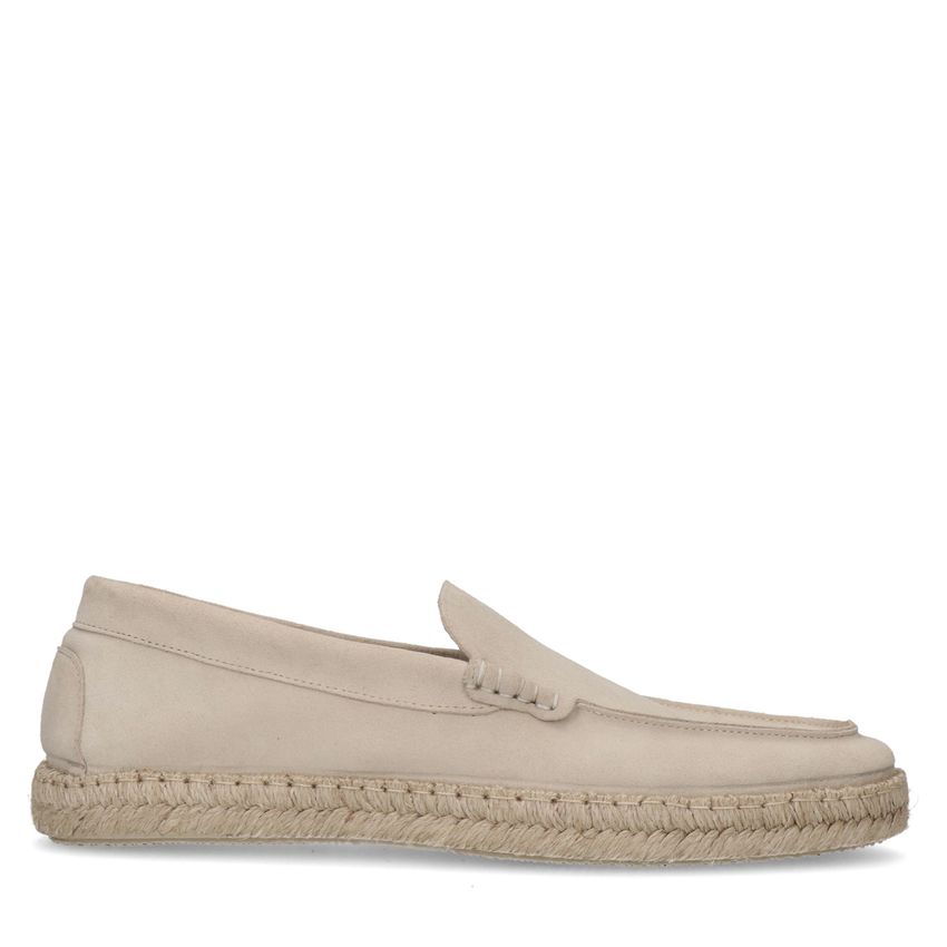 Beige suède loafers met touwzool