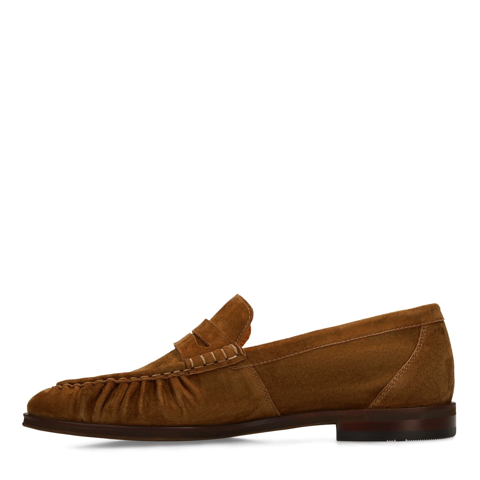 Taupe suède loafers met gestikte neus