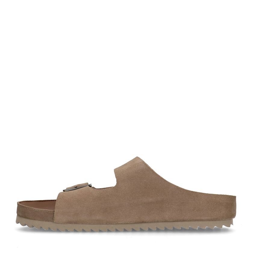 Beige suède slippers met gesp