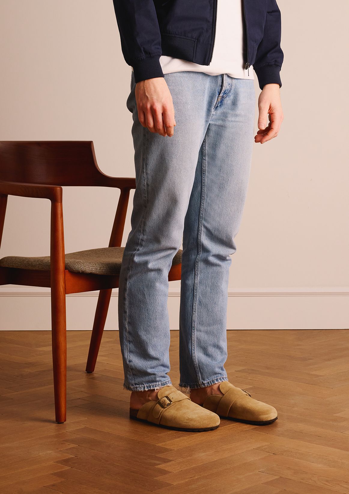 Beige suède slip ons