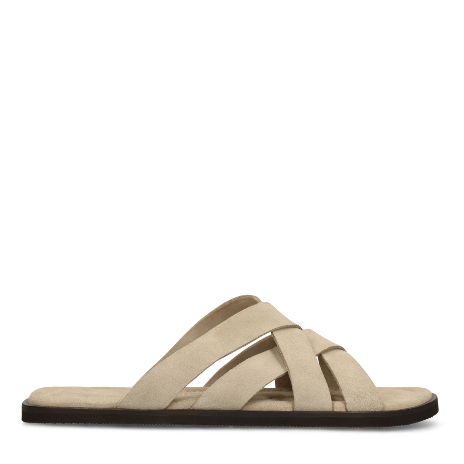 Beigefarbene Veloursleder-Sandalen mit geflochtenen Riemchen