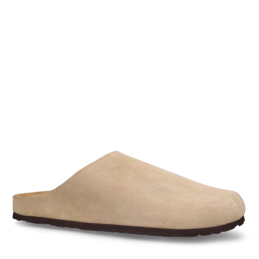 Beigefarbene Veloursleder-Slipper