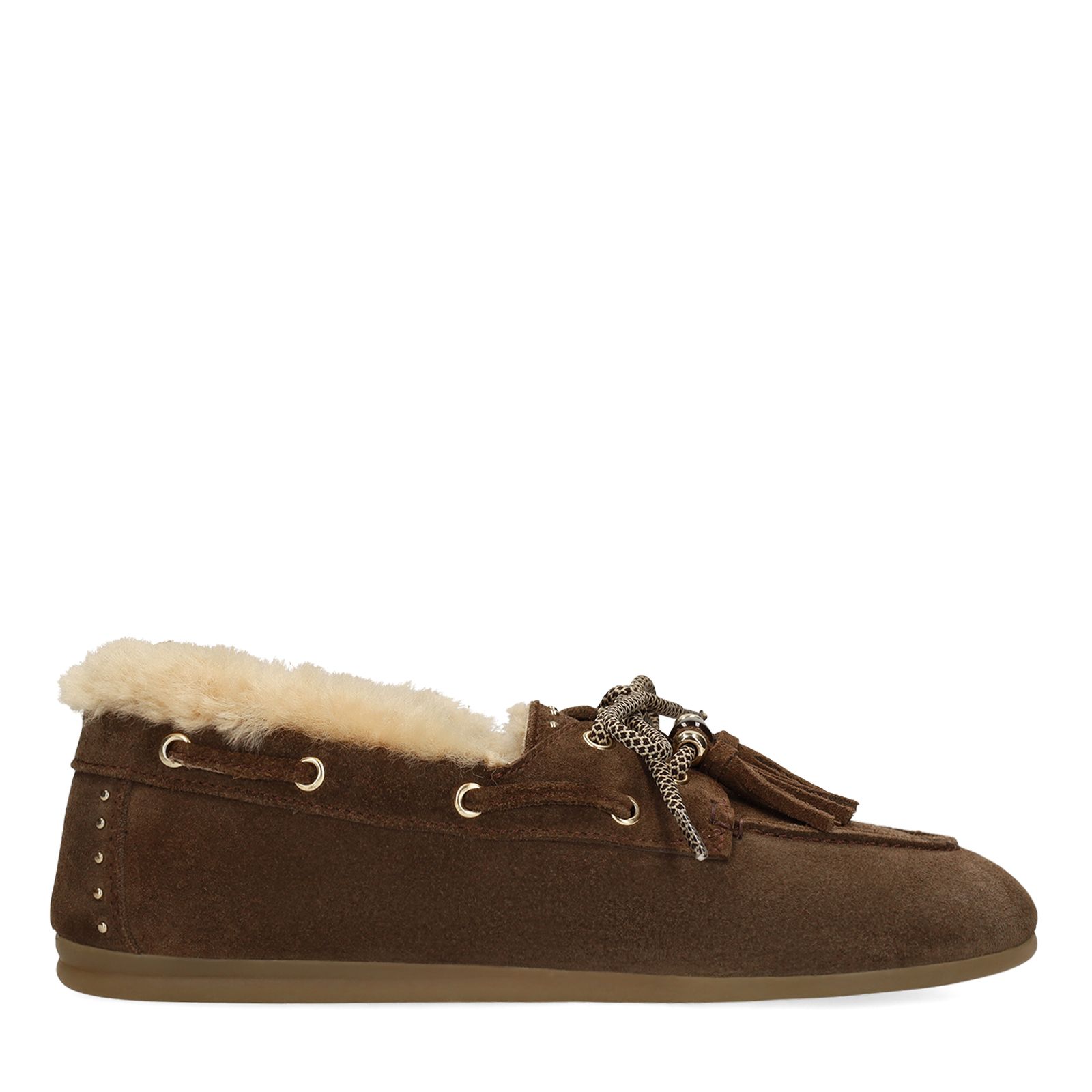 Braune Veloursleder-Bootsschuhe mit Fell