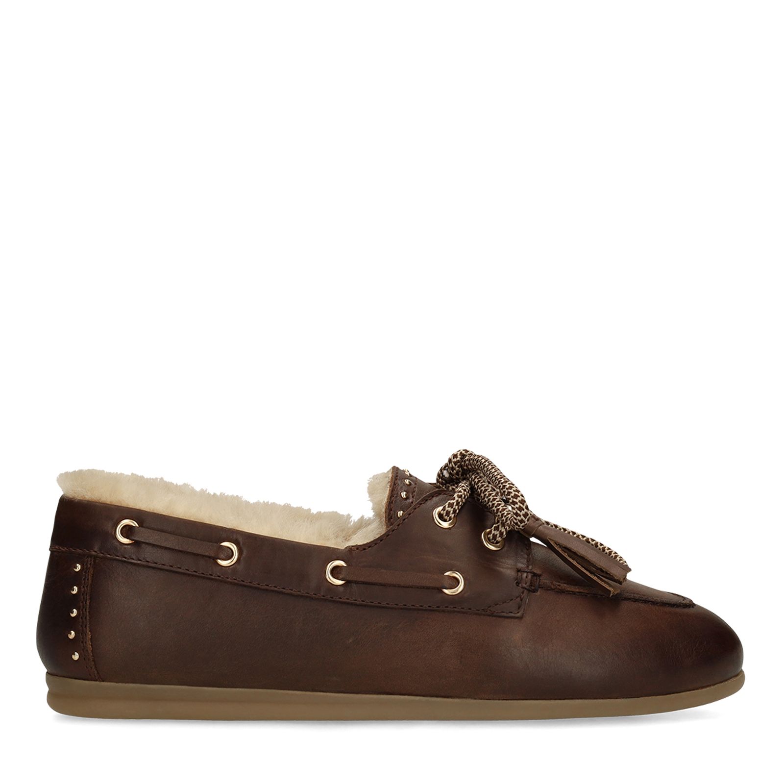 Bruine leren bootschoenen met bontvoering