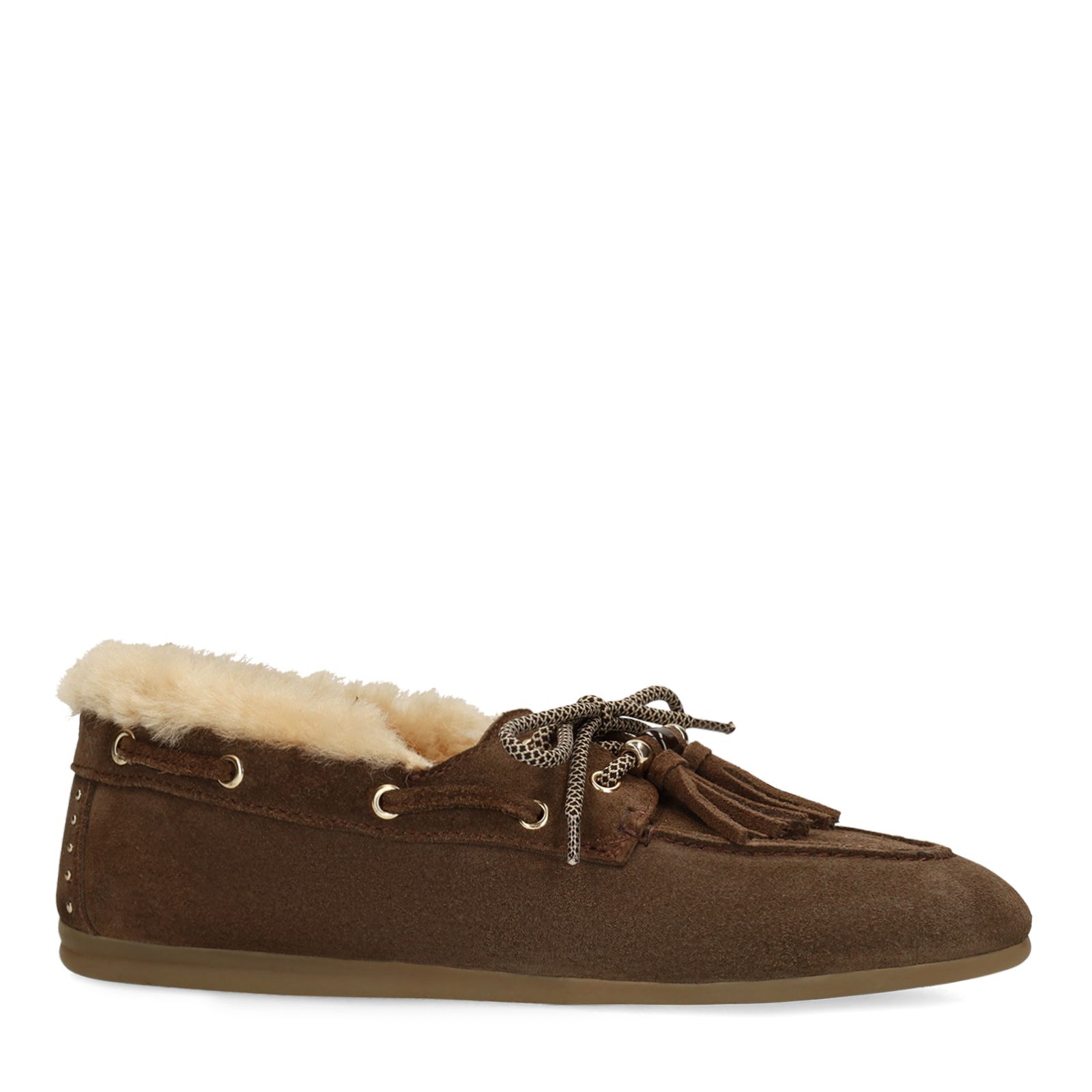 Braune Veloursleder-Bootsschuhe mit Fell