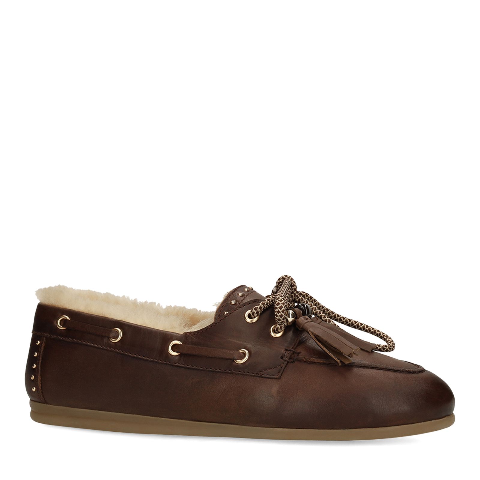 Bruine leren bootschoenen met bontvoering