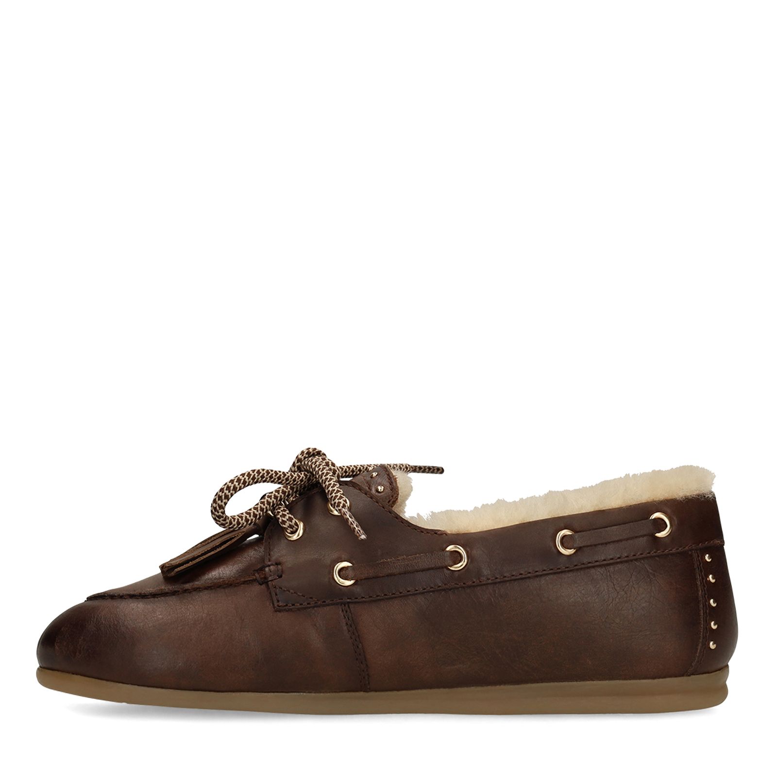 Bruine leren bootschoenen met bontvoering