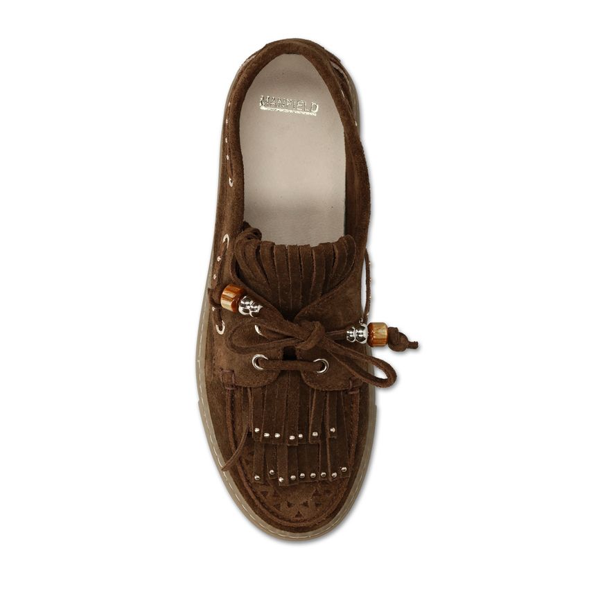 Braune Bootsschuhe aus Veloursleder mit Fransen