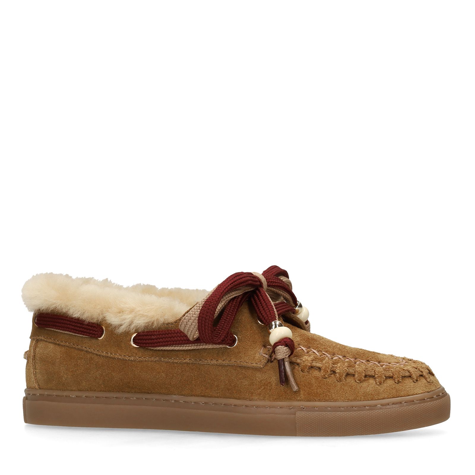 Cognacfarbene Veloursleder-Bootsschuhe mit Fellfutter
