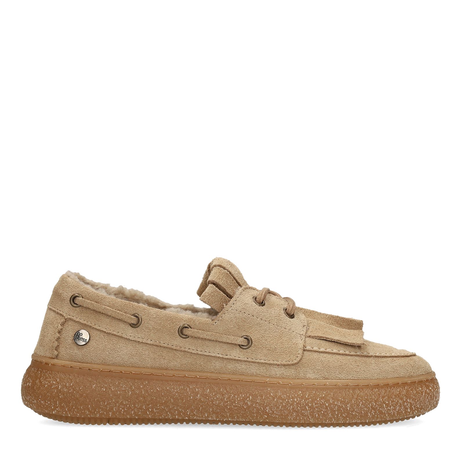 Beige suède loafers met bontvoering