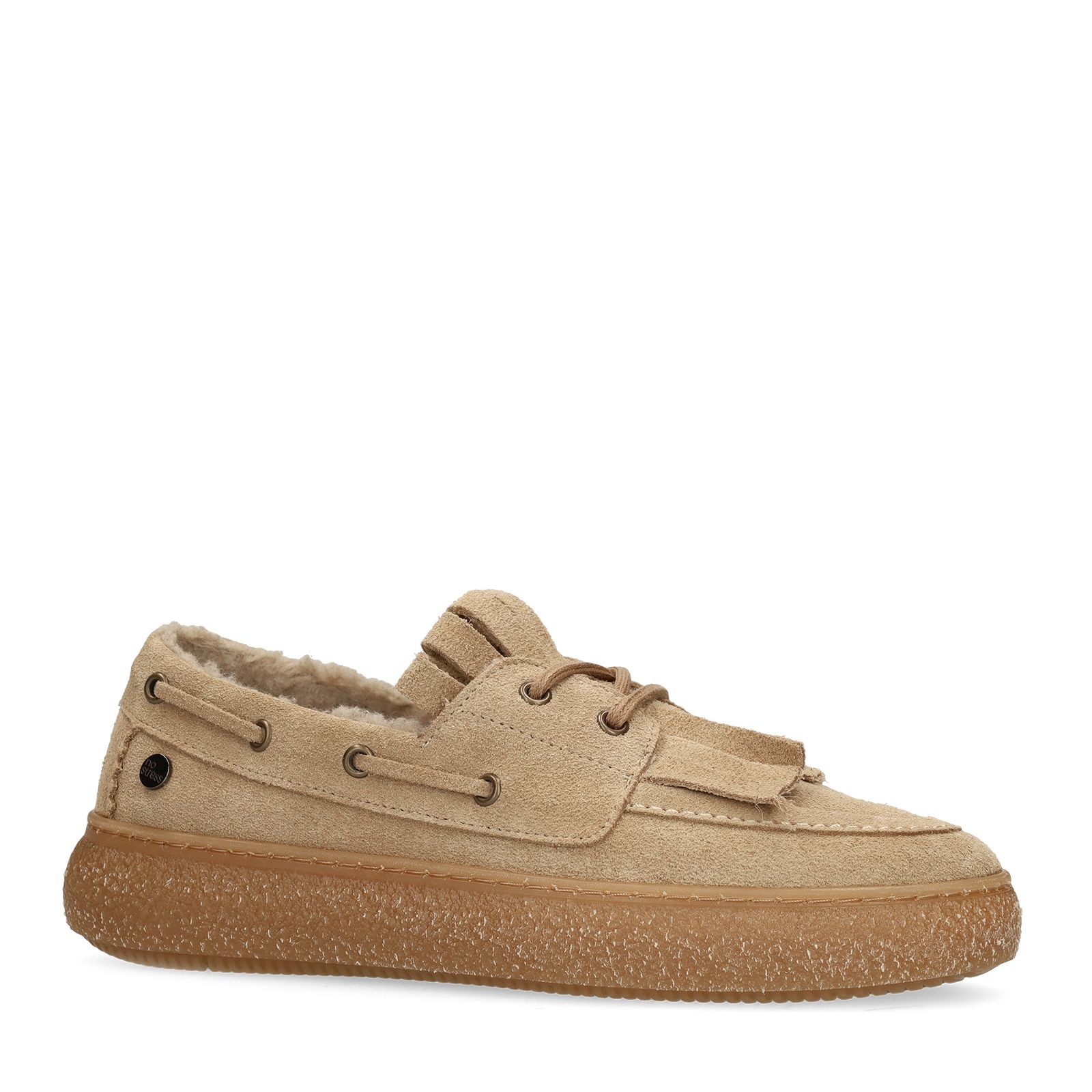 Beige suède loafers met bontvoering