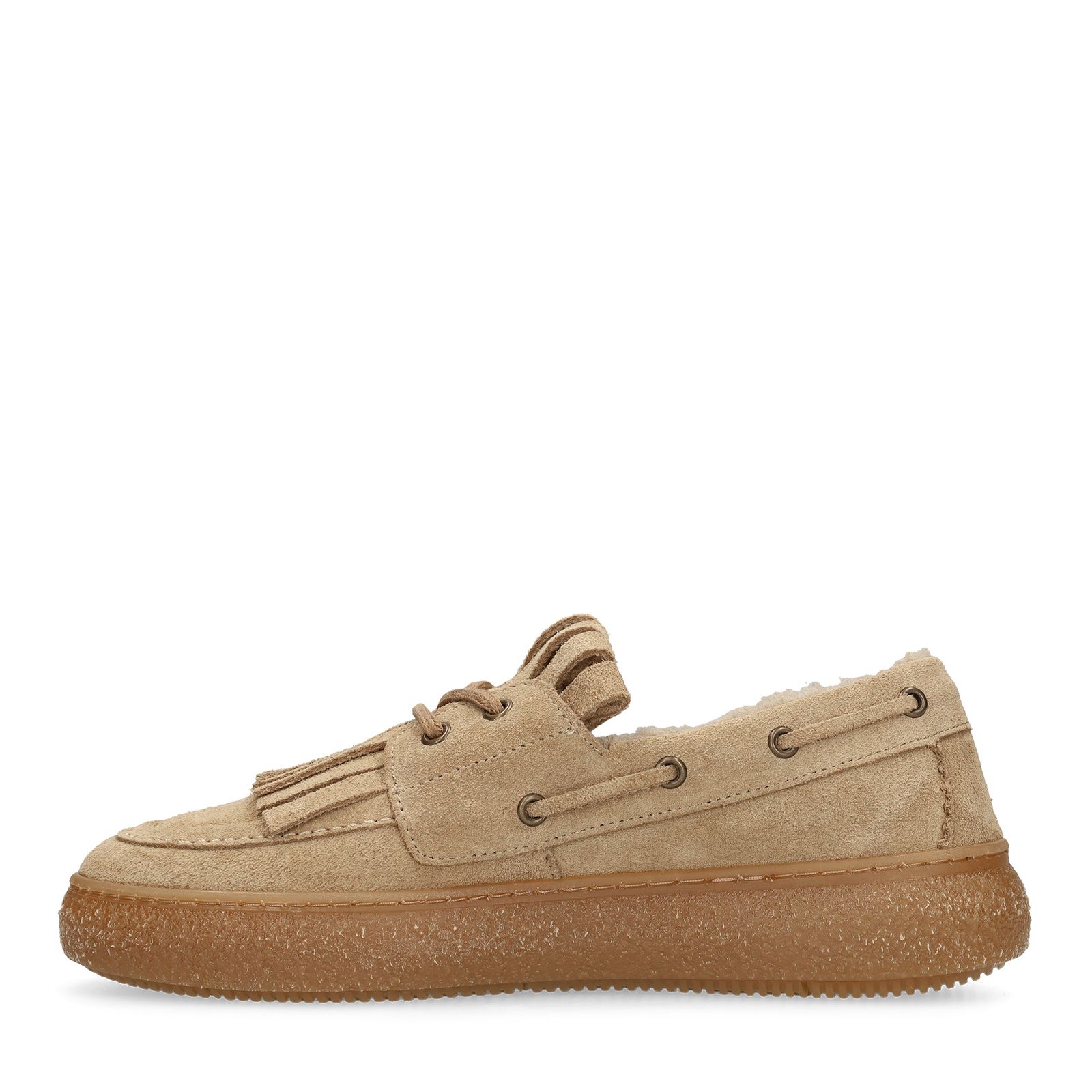 Beige suède loafers met bontvoering
