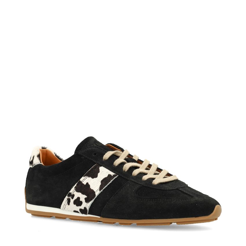 Zwarte suède sneakers met cow print detail