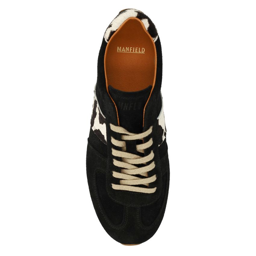 Schwarze Veloursleder-Sneaker mit Kuhfellmuster-Detail