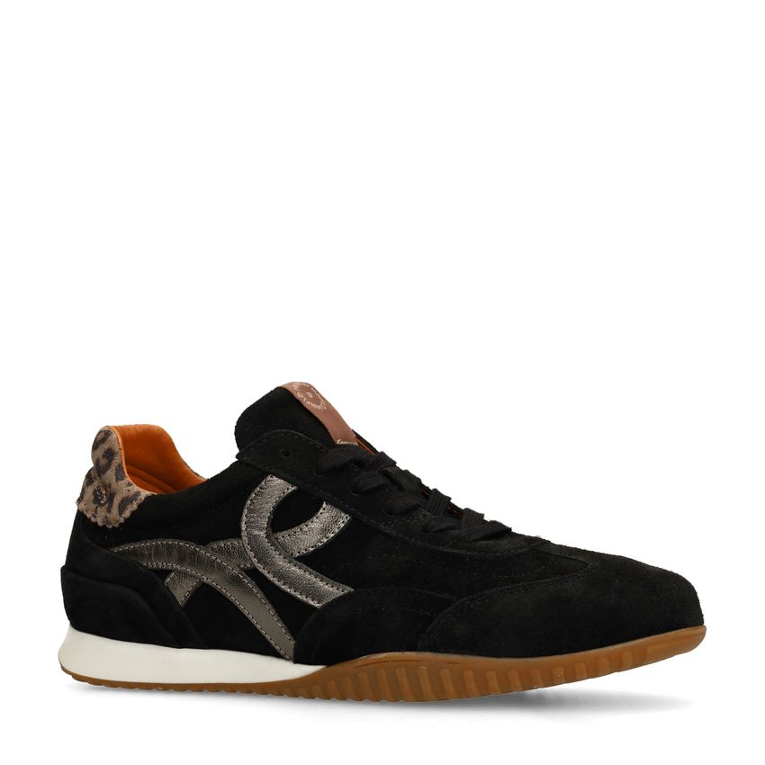 Zwarte suède sneakers met leopard details