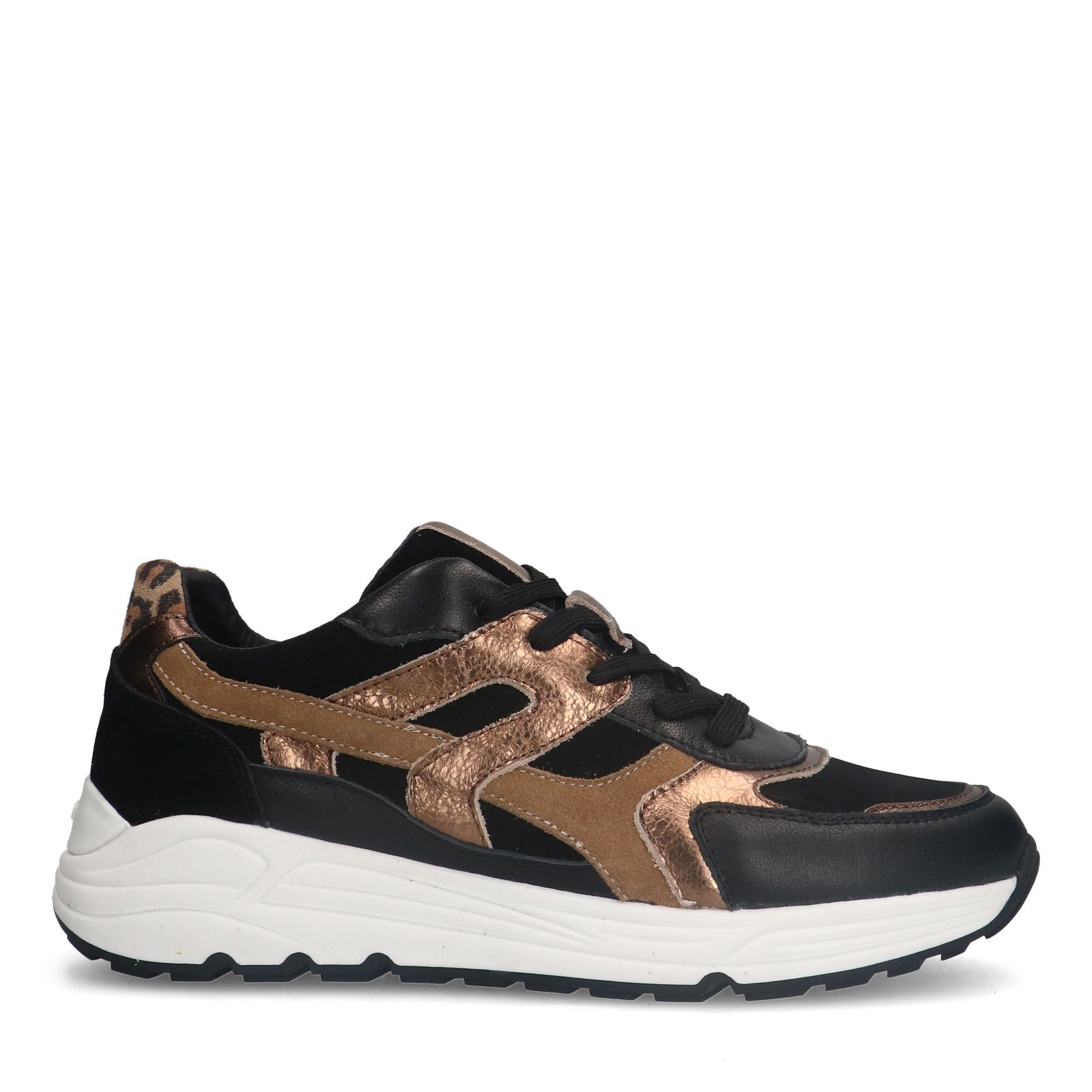 Zwarte leren sneakers met bruine details