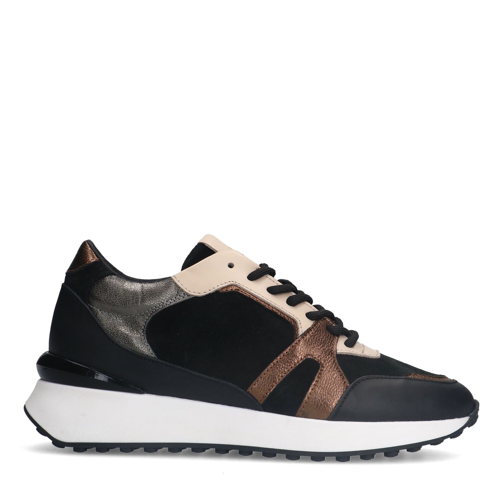 Schwarze Ledersneaker mit bronzefarbenen Details
