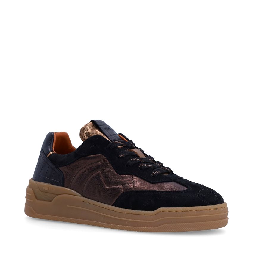 Zwarte suède sneakers met bronzen details