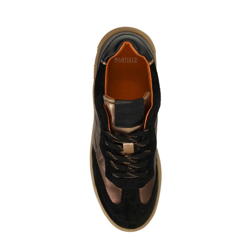 Zwarte suède sneakers met bronzen details