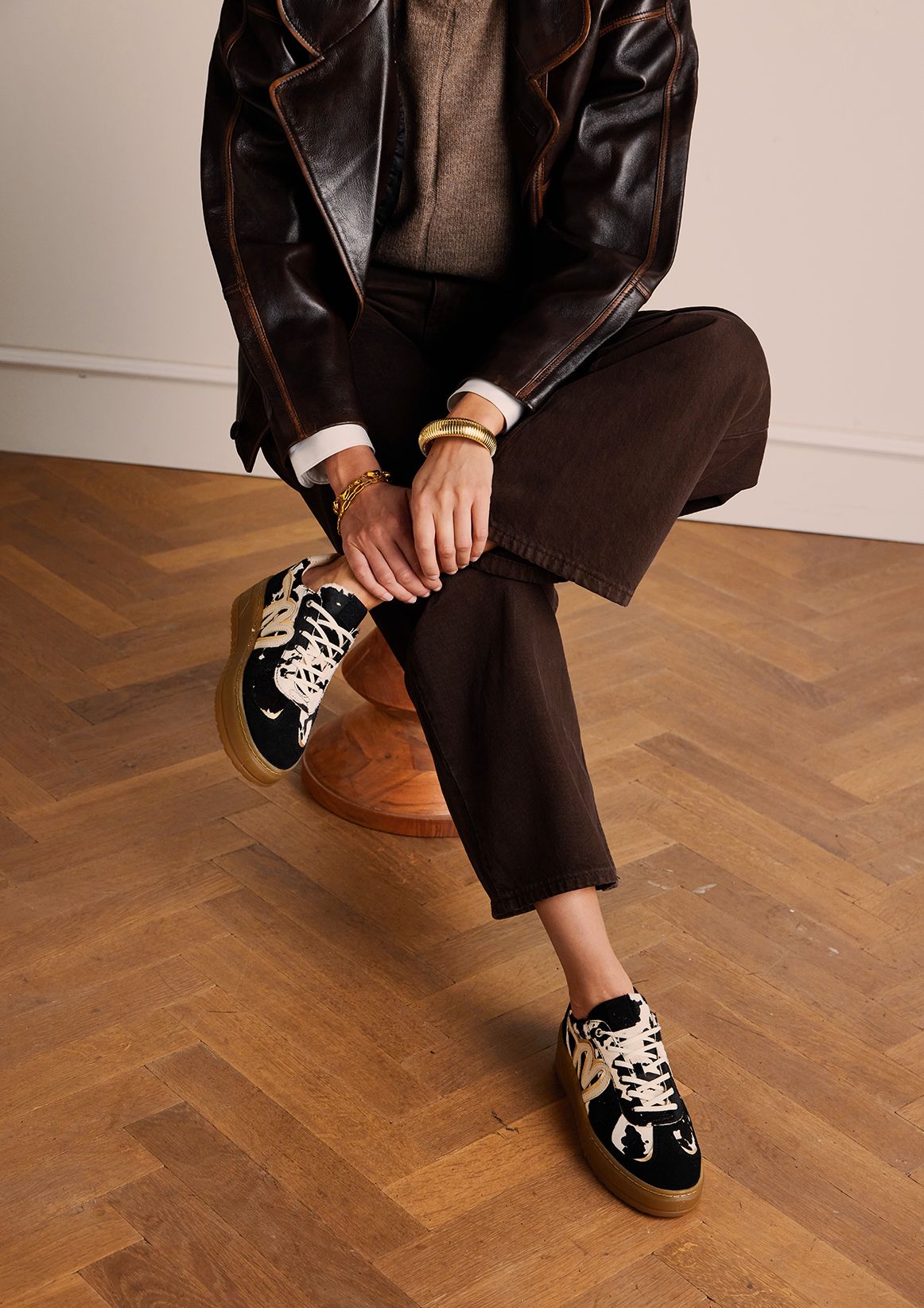 Zwarte cow print sneakers met pony hair