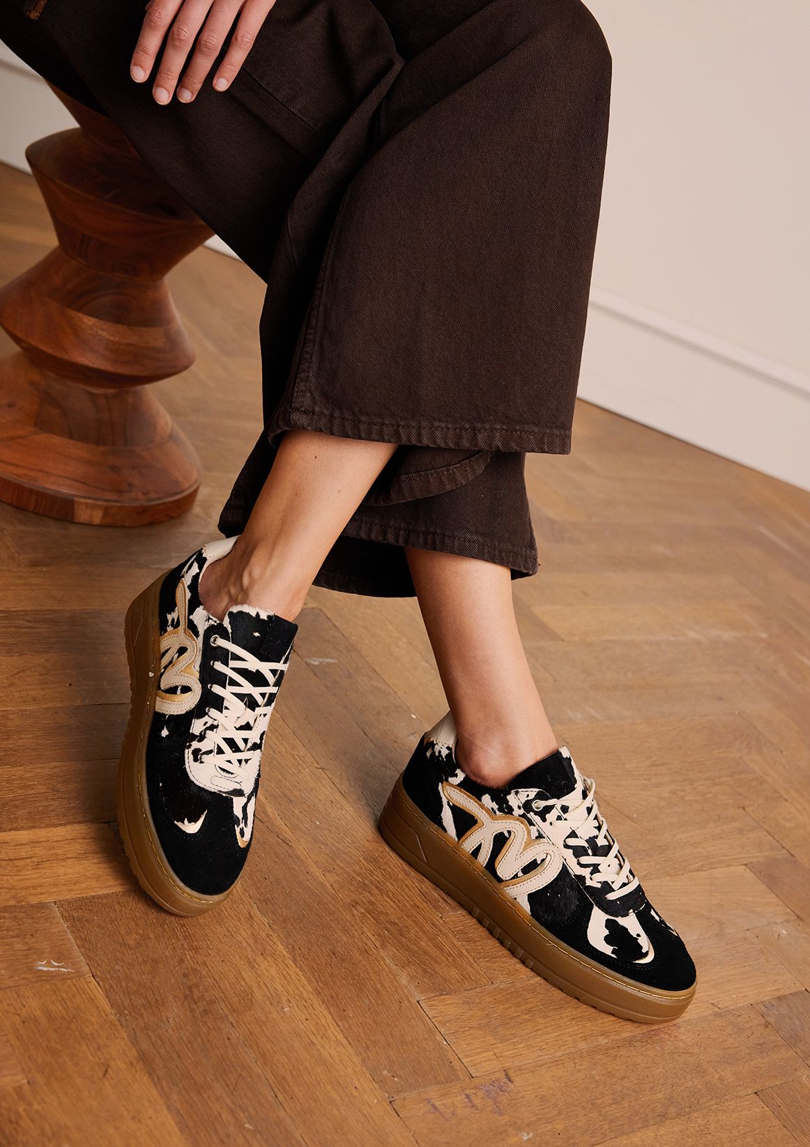Zwarte cow print sneakers met pony hair