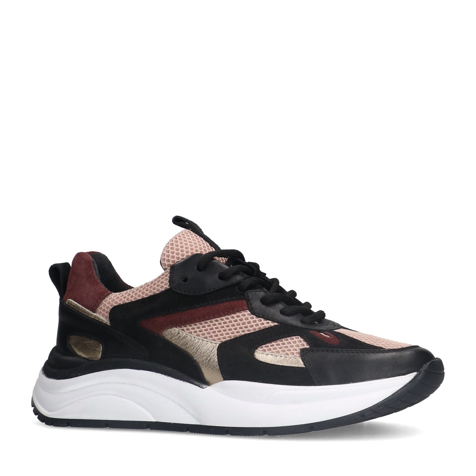 Schwarze Ledersneaker mit roséfarbenen Details