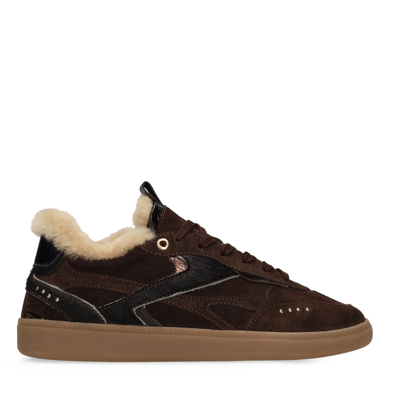 Donkerbruine suède sneakers met bontvoering