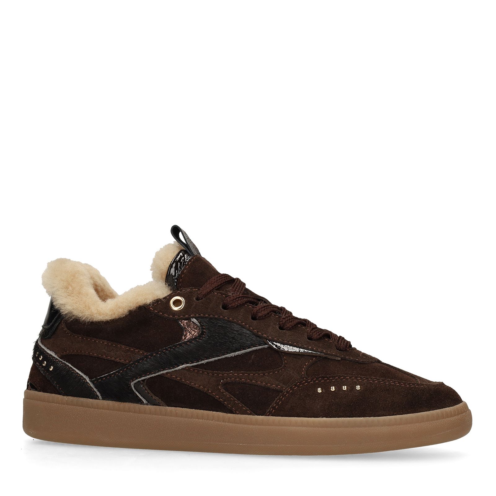 Donkerbruine suède sneakers met bontvoering