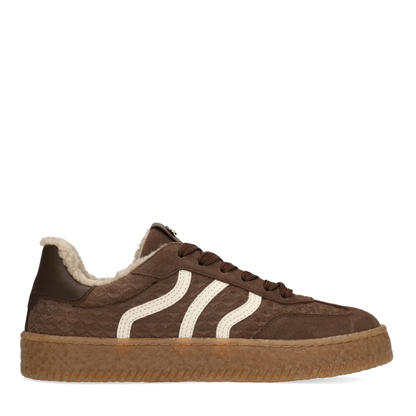 Taupefarbene Veloursleder-Sneaker mit Kunstfellfutter