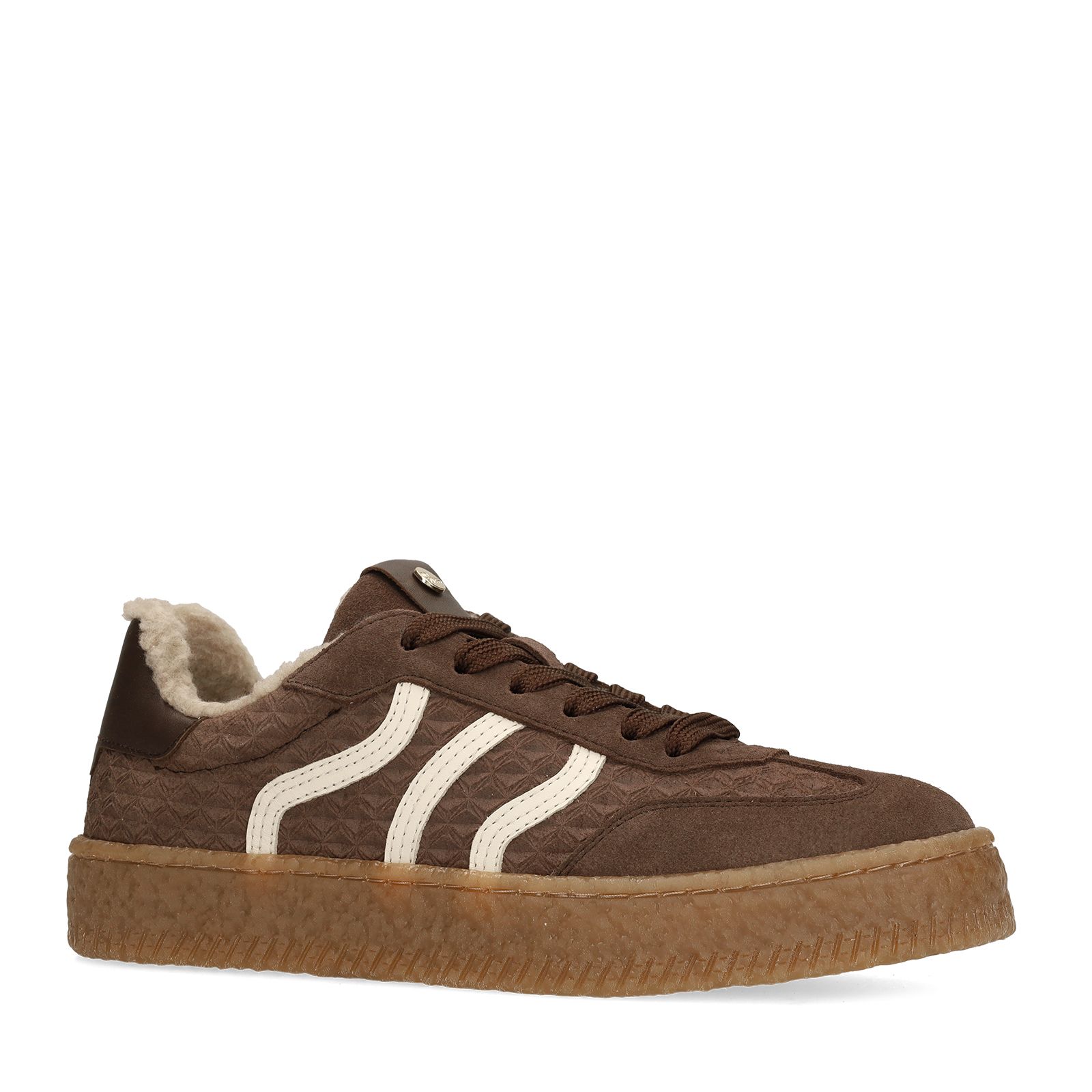 Taupefarbene Veloursleder-Sneaker mit Kunstfellfutter