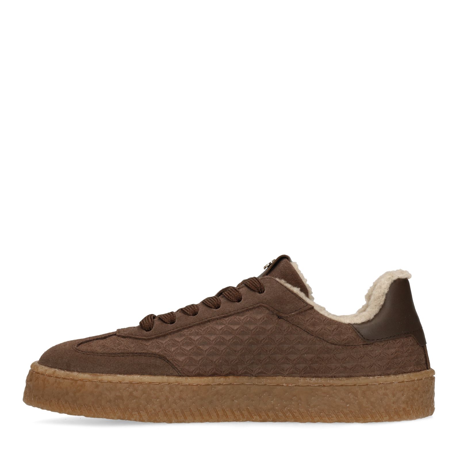 Taupefarbene Veloursleder-Sneaker mit Kunstfellfutter