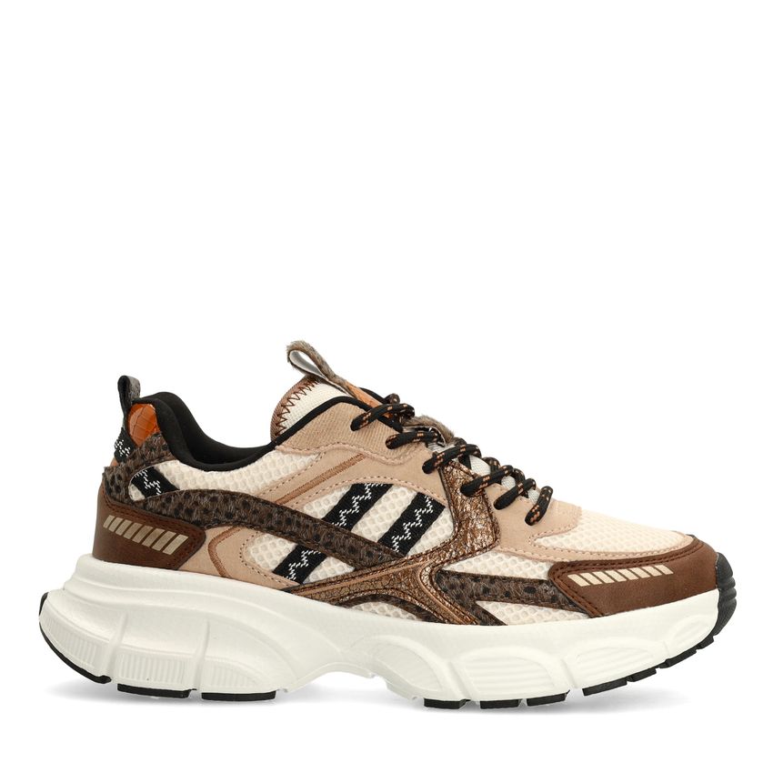 Bruine sneakers met beige en zwarte stoffen details