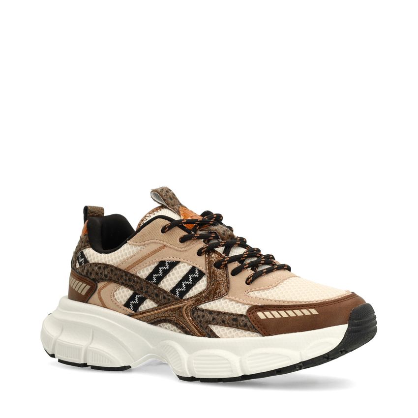 Bruine sneakers met beige en zwarte stoffen details