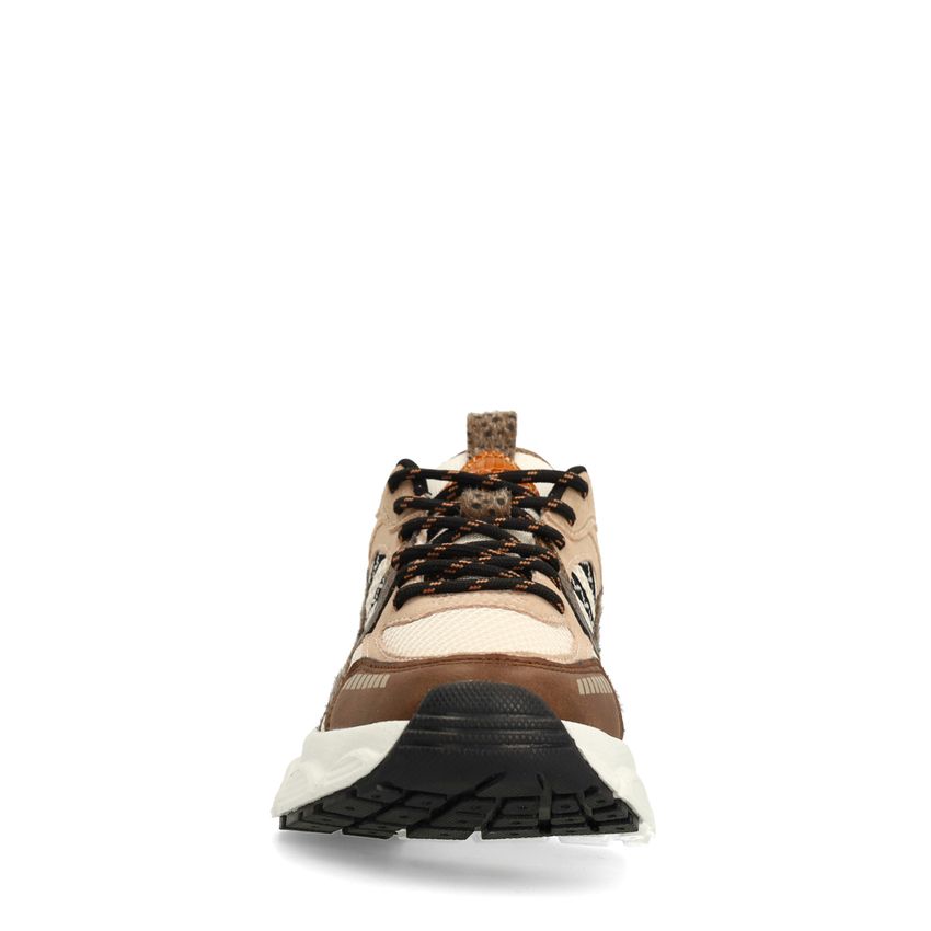 Bruine sneakers met beige en zwarte stoffen details