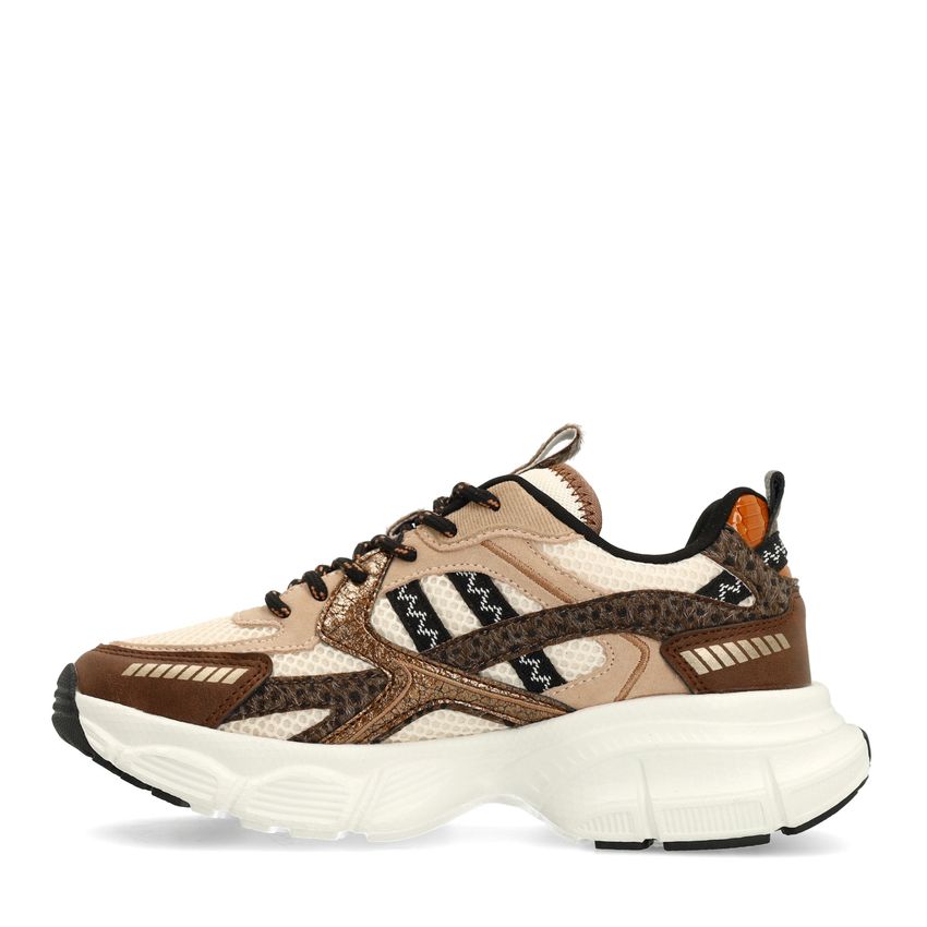 Bruine sneakers met beige en zwarte stoffen details