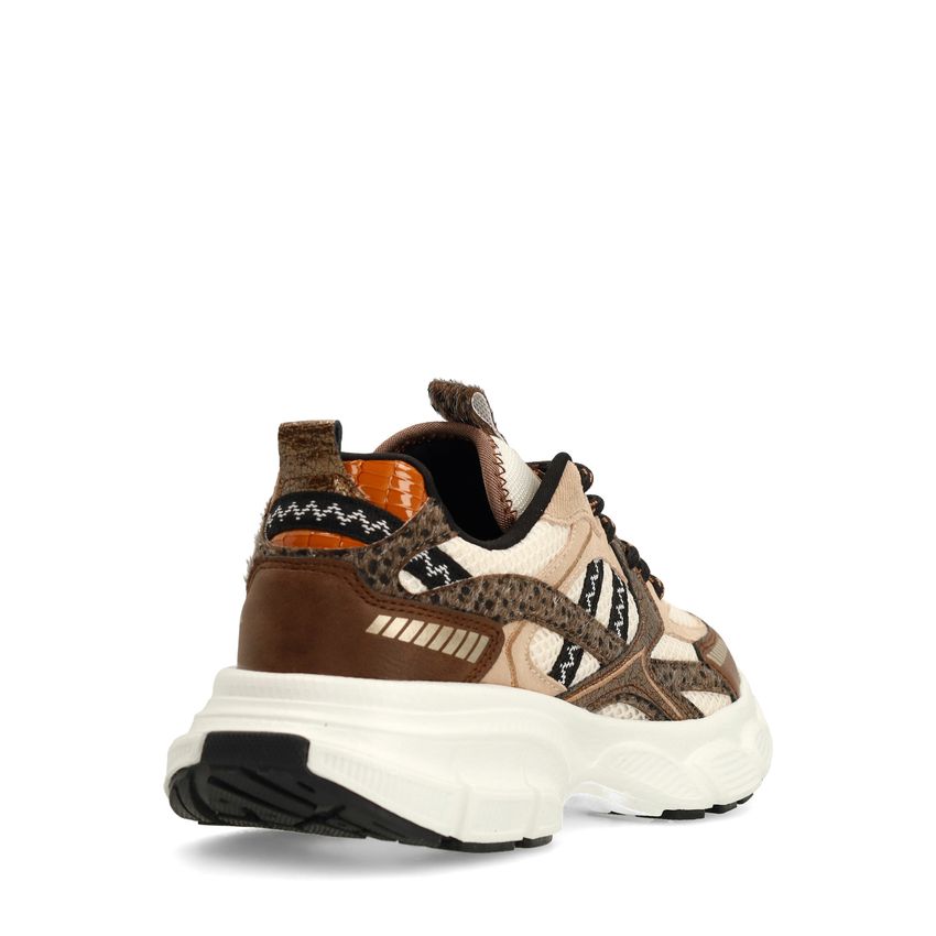 Bruine sneakers met beige en zwarte stoffen details