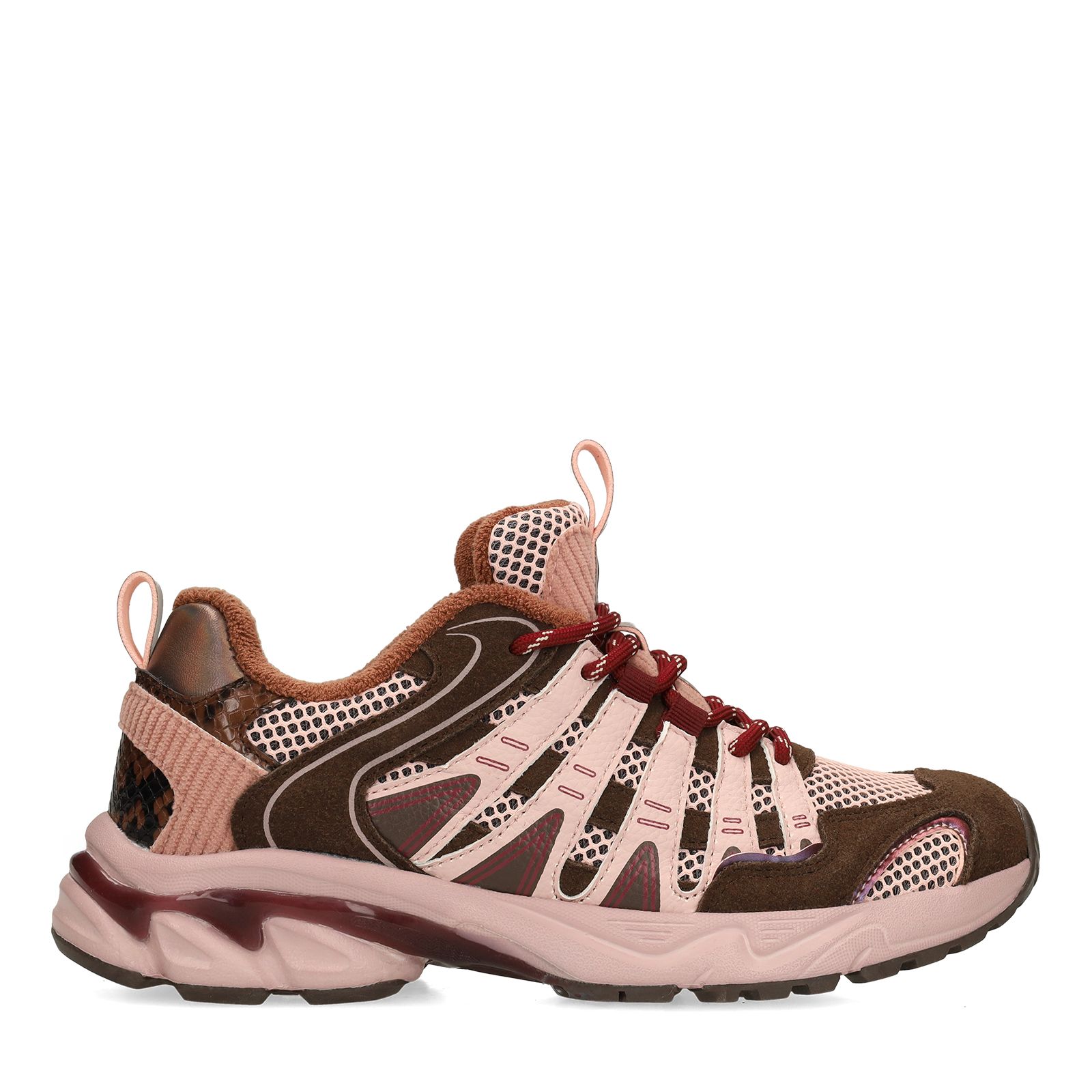 Braune Mesh-Sneaker mit roséfarbenen Details