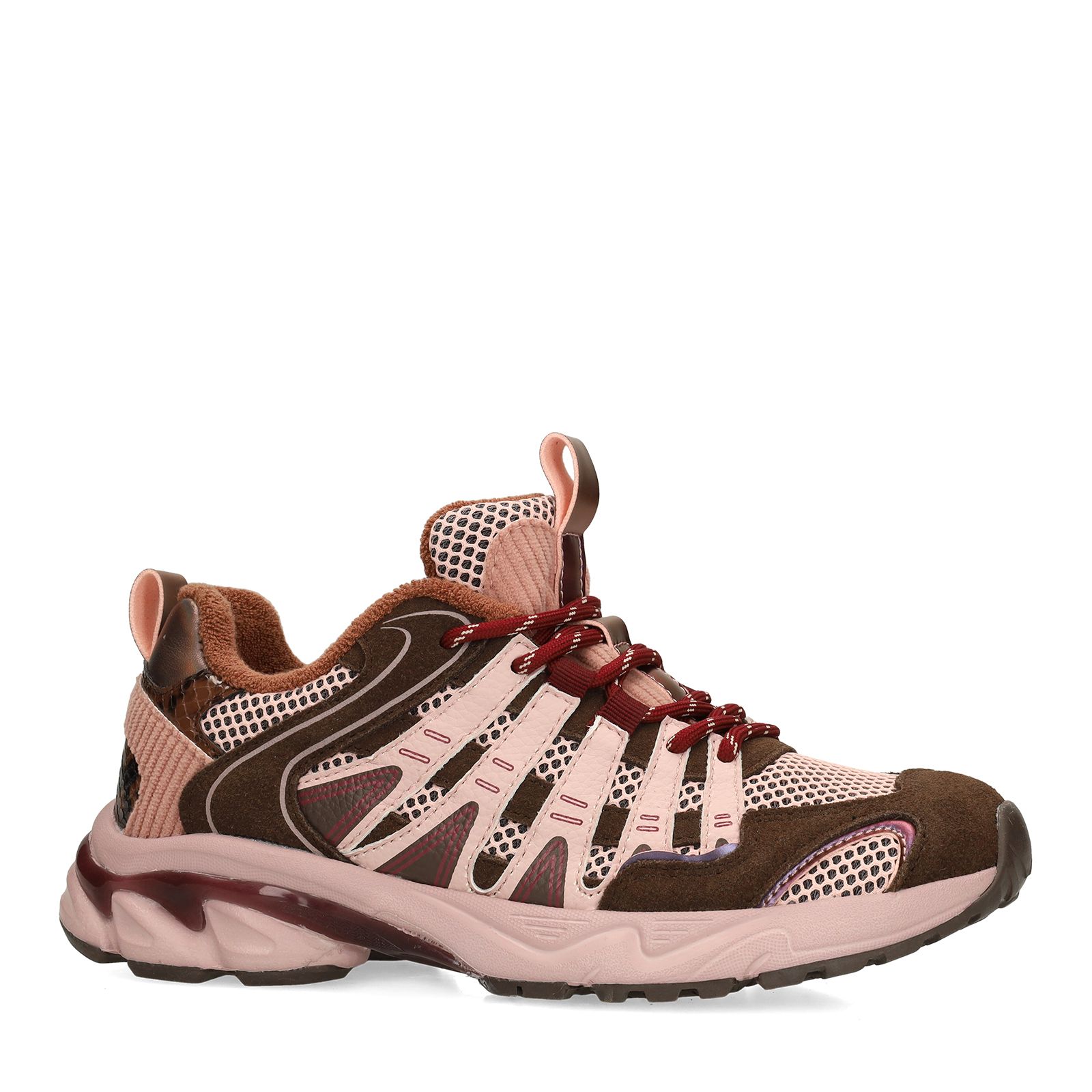 Bruine mesh sneakers met lichtroze details