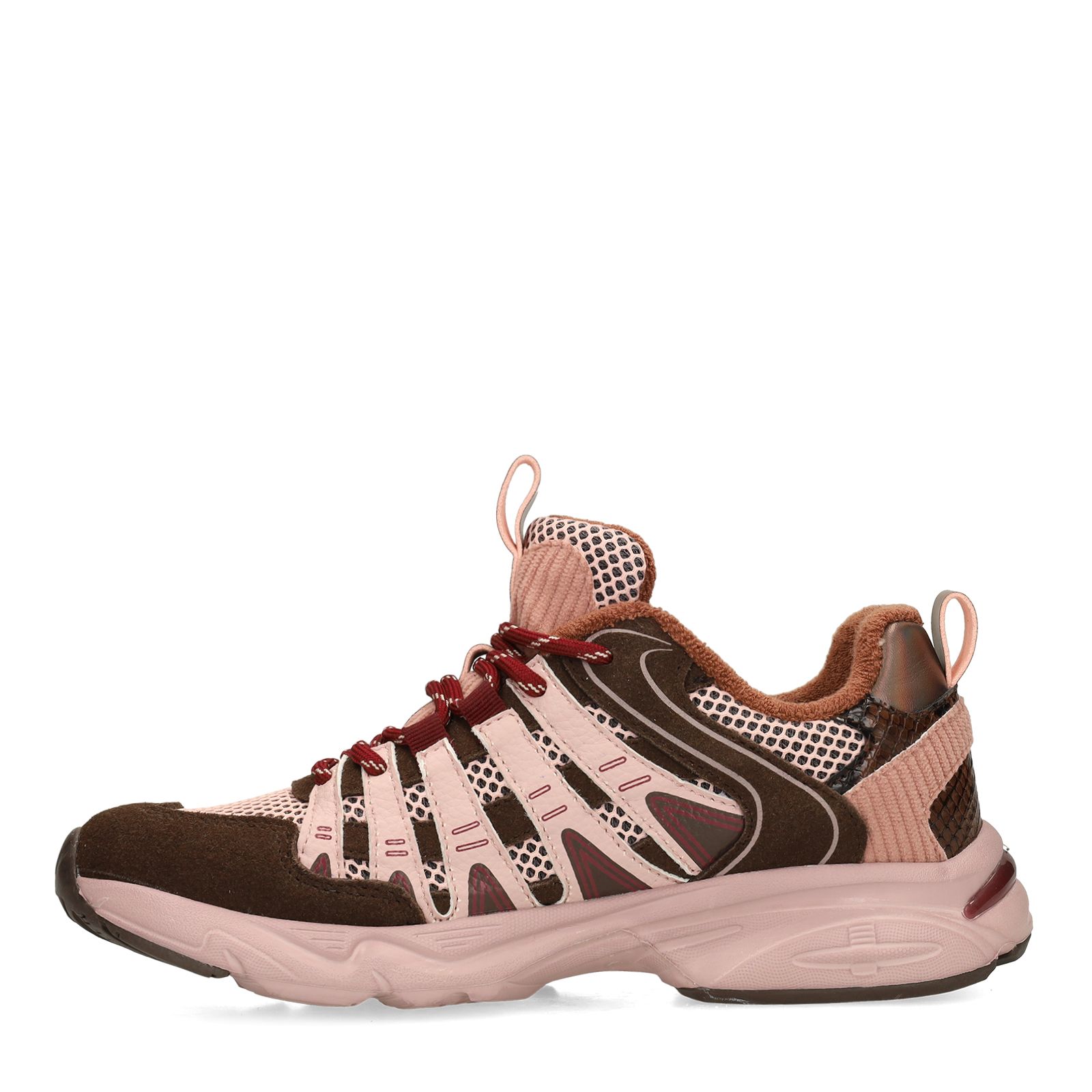 Bruine mesh sneakers met lichtroze details