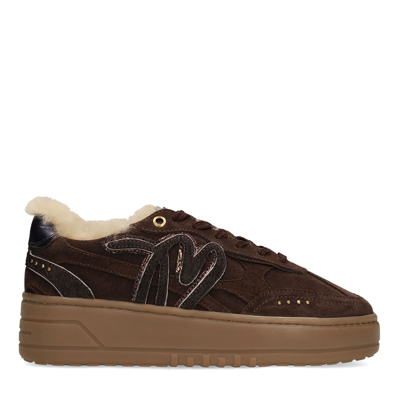 Donkerbruine suède sneakers met bontvoering