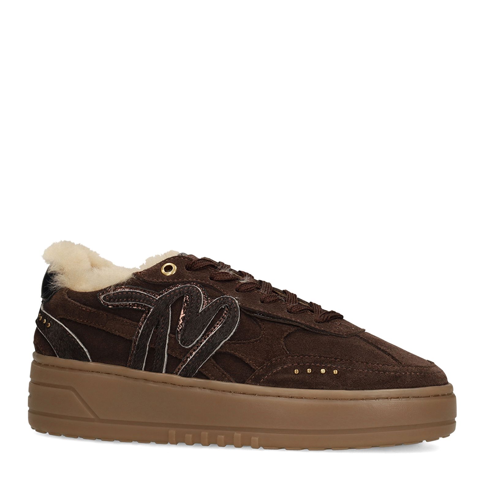 Donkerbruine suède sneakers met bontvoering
