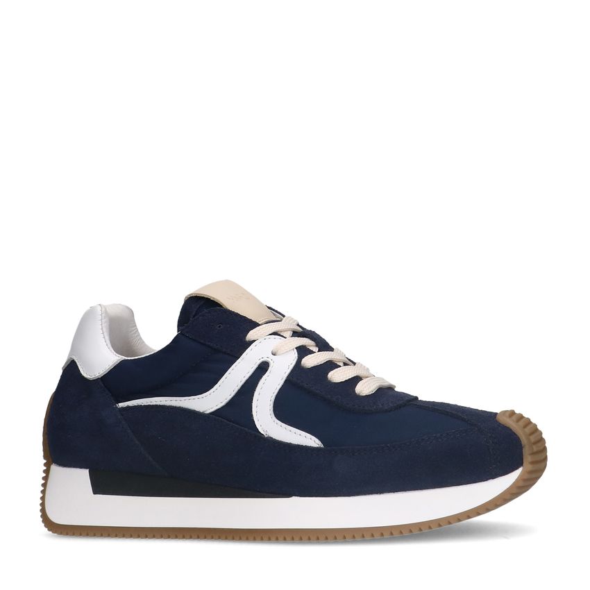 Blauwe suède sneaker met leren details